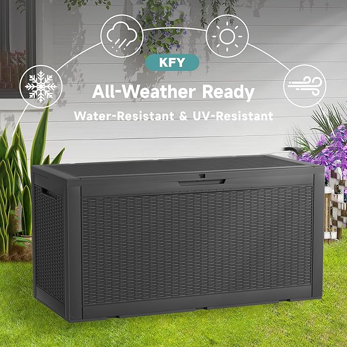 deck box,100-gallon indoor and outdoor storage box made of waterproof and sun-resistant resin material, meeting storage needs for the living room, patio, swimming pool, and toolshed（black）