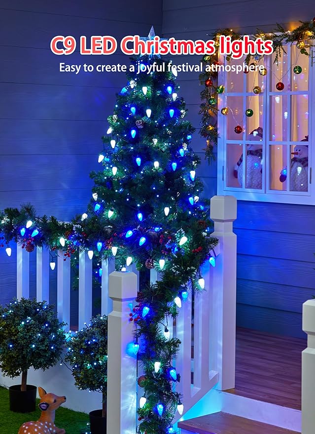 C9 LED Christmas Lights Outdoor, 68 Ft 100 LED String with clips, Waterproof Christmas Tree Lights for Outside Roofline, Garden Decor, Blue & White