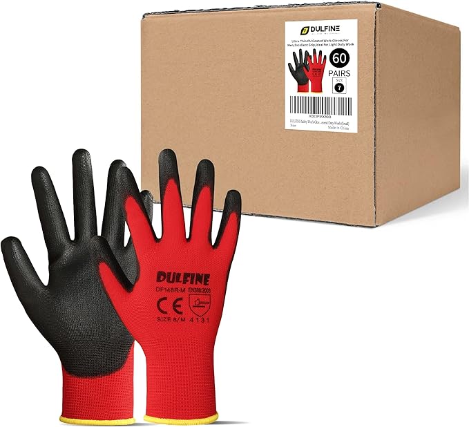 Safety Work Gloves PU Coated-60 Pairs,Red Seamless Knit Glove with Polyurethane Coated Smooth Grip on Palm & Fingers, for Men and Women, Ideal for General Duty Work (Large)