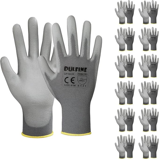 Safety Work Gloves PU Coated-12 Pairs,Grey Seamless Knit Glove with Polyurethane Coated Smooth Grip on Palm & Fingers, for Men and Women, Ideal for General Duty Work (Small)