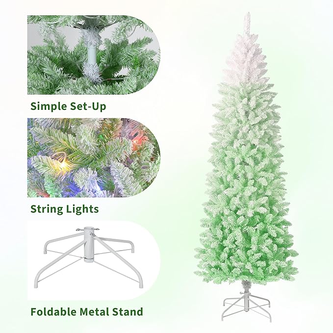 GarveeHome 6ft Prelit Artificial Christmas Tree with RGB & Warm White Lights, Pre-Lit Snow Flocked Pencil Christmas Tree, Foldable Base,Holiday Decoration for Home, Office, Party,Green Gradient
