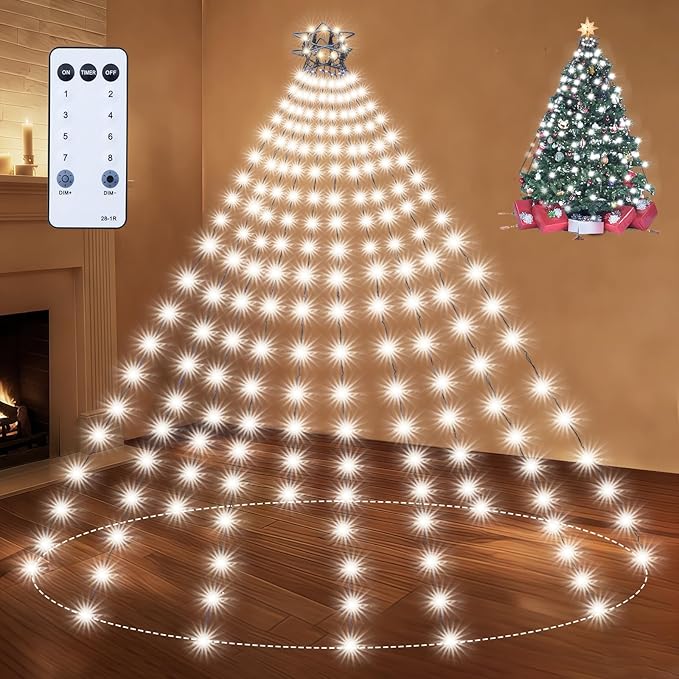 Christmas Tree Lights Christmas Lights Outdoor Indoor White 280Led 10 Lines with 8 Light Modes, Timer and Remote Control, Waterfall Tree Lights for Wedding Home Party 4Ft-7Ft Xmas Tree Decorations