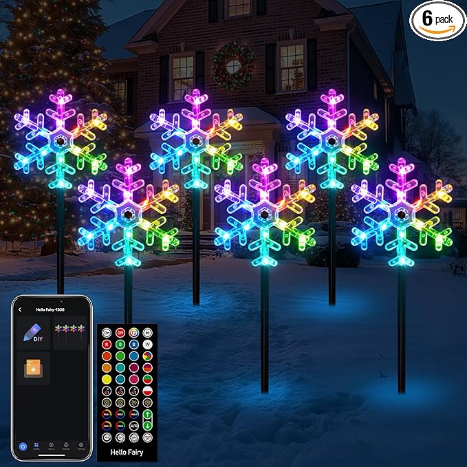 FREECUBE 6 Pack Smart Snowflake Pathway Lights with APP & Remote Control, RGB DIY, Music & Timer, 80+ Scene Mode Lighted Snowflake Christmas Decorations for Yard, Patio, Walkway