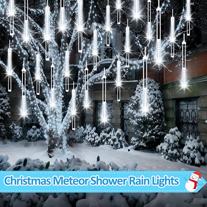 2-Pack Christmas Lights Outdoor, 16Tubes 384LEDs Extendable Meteor Shower Lights, Falling Rain Light Waterproof Plug in Tree Light for Christmas Backyard Garden Patio Xmas Decoration (Cool White)