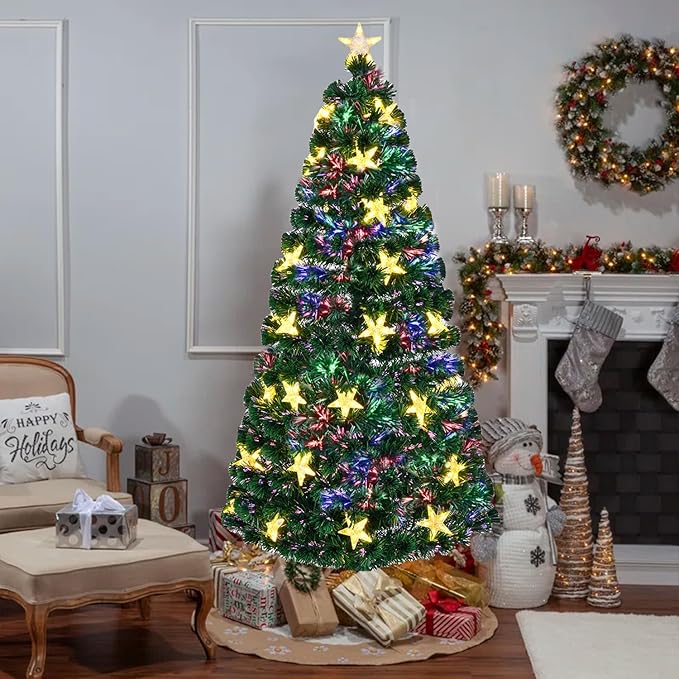 Juegoal 6ft Pre-Lit Artificial Christmas Tree, Lighted Optical Fiber Xmas Trees with Warm White Large Stars & Color Changing Optical Fiber Lights, Party Home Holiday Green Fake Tree with Metal Legs