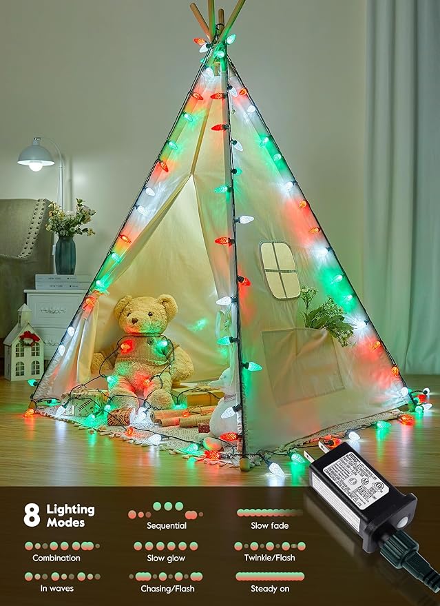 Brightown C9 Christmas Lights Outdoor, 114FT 150 LED String Lights with Timer, 8 Modes, UL Listed Waterproof Christmas Tree Lights for House Roof Garden Patio Decor, Red Green and Pure White
