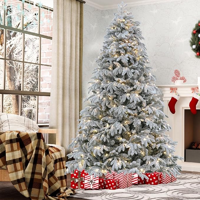 Flocked Spruce Artificial Christmas Tree - 7.5 ft Prelit with 10 Functions Colorful Lights & 2700 Realistic Tips, Firm Metal Stand & 400 Lights, Easy Assembly