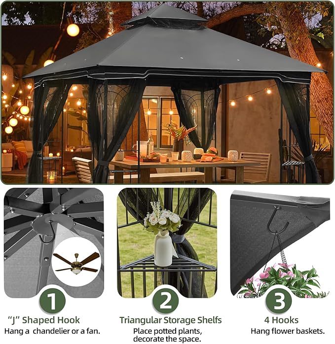 ECOTOUGE Outdoor Gazebo 10'x10', Heavy Duty Canopy Tent with Soft Double Roofs & Metal Corner Frame Shelves, Party Tent Shelter with Mosquito Netting for Patio, Deck, Backyard, Grey