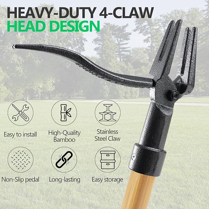 BellaJoyz Weed Puller, Stand Up Weed Puller Tool with Long Handle & 4-Claw Steel Head, 3-Sectioal Pole Design, Garden Hand Weeding Tool - Easily Remove Weeds Without Bending, Pulling,or Kneeling