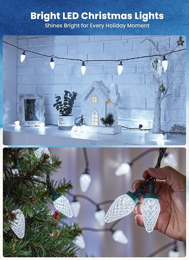 C9 LED Christmas Lights Outdoor, 81 Feet 100 LED String Lights With Timer & 8 Lighting Mode, Waterproof Commercial Grade Extendable for Indoor Outside Roofline Patio Home Xmas Decoration, Pure White