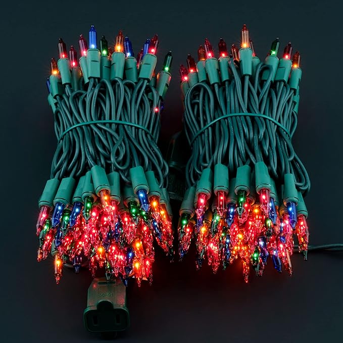 YULETIME 200 Multicolor Christmas Lights, Pack of 2 Strands of 21 ft 100 Count UL Certified Incandescent Mini String Light (Multicolor - Green Wire)