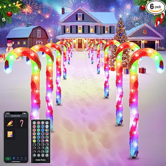 FREECUBE 6 Pack Smart Candy Cane Pathway Lights with App Remote Control Music Sync Color Changing Candy Cane Lights Plug in Dimmable Multicolor Light Up Candy Canes for Walkway