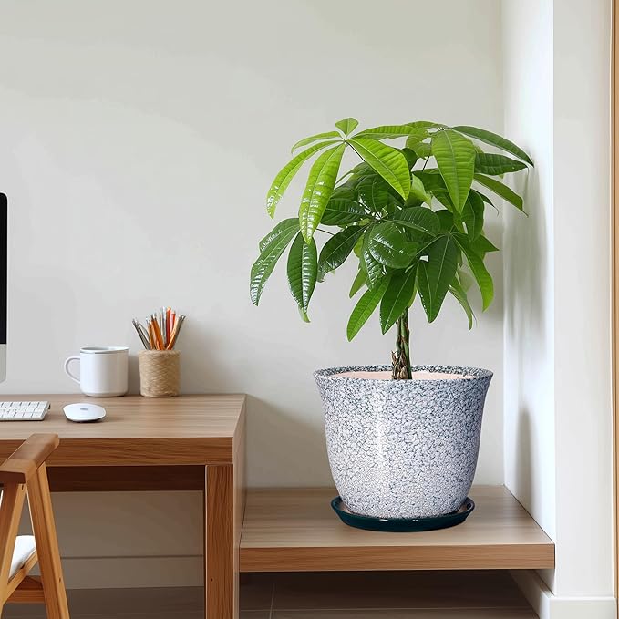 Ceramic Planter - 10 Inch Plant Pot for Indoor Outdoor, Round Planter with Drainage Hole and Plant Tray, Large Decorative Planters, Modern Flower Pot, Home Room Decor, Gardening Gift, Green