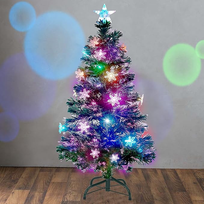 Juegoal 4 ft Pre-Lit Artificial Christmas Tree, Lighted Optical Fiber Xmas Trees with RGB Color Changing LED Lights, Snowflakes & Top Star, Festive Party Holiday Fake Multicolored Tree with Metal Legs