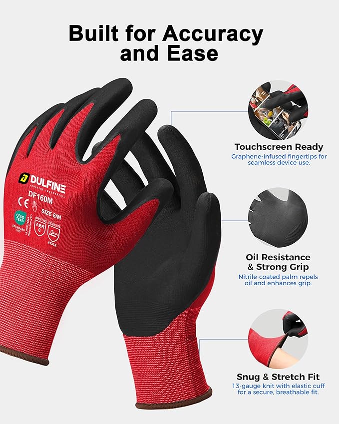 Safety Work Gloves MicroFoam Nitrile Coated-12 Pairs Pack,Red Seamless Knit Nylon Glove with Black Micro-Foam Nitrile Grip,Ideal for General Purpose,Automotive,Home Improvement,Painting(Extra Large)