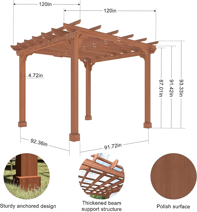 BlueWish 10'x10’ Outdoor Pergola, Patio Fir Wood Gazebo Outdoor Backyard Gazebo Pergola Kits with Slatted Roof Trellis & Stakes for Deck Grill Party Garden