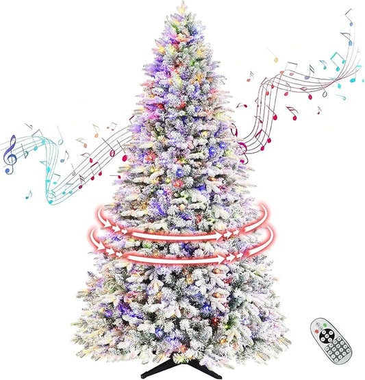 Rotating Flocked Christmas Tree 6.5ft - Prelit Musical Artificial Xmas Tree with Remote Control, 1036 PE & PVC Mixed Tips, 8 Modes 330 Multicolor LED Lights for Holiday Decor