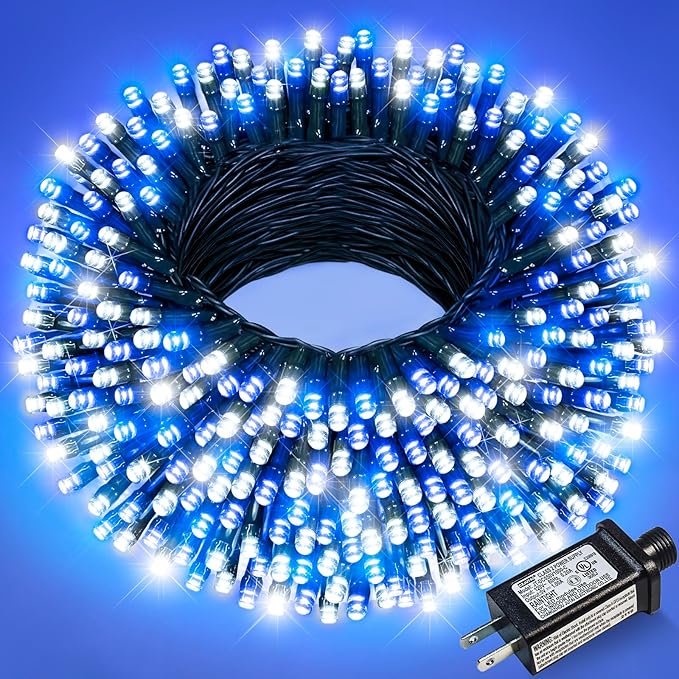 Christmas Lights Outdoor, 100FT 300 LED Christmas Tree Lights with 8 Modes Waterproof, Connectable Green Wire Twinkle Tree Lights for Indoor Patio Garden Party Decorations, Blue White