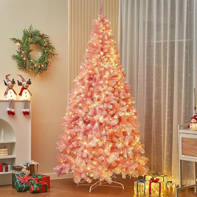 Juegoal 7.5 FT Artificial Christmas Tree (NOT Pre-Strung) with 450 LED Warm White String Lights, Spruce Hinged Tree, 8 Lighting Modes, Fake Xmas Pine Tree with Metal Legs, 1350 Branch Tips, Pink