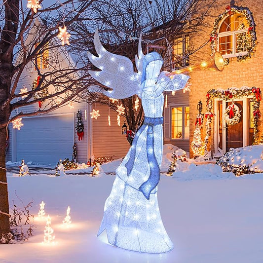 Tangkula 5 FT Christmas Angel with Trumpet, Outdoor Xmas Pre-Lit Angel with Halo, Wings & 100 LED Lights, Ground Stakes & Zip Ties Included, Lighted Winged Holiday Figure for Home, Yard