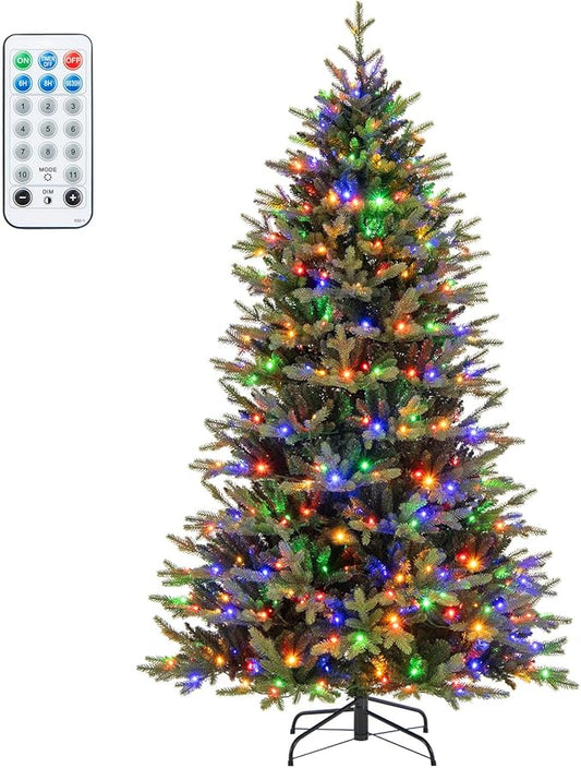 Happygrill 7 FT Pre-Lit Artificial Christmas Tree, Hinged Xmas Tree w/1646 Branch Tips, 470 LED Lights, 11 Lighting Modes, 3 Auto Timers, 4-Level Brightness & Remote Control, Decoration Tree for Party