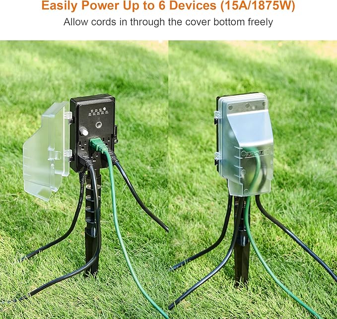 SURAIELEC Outdoor Power Stake Light Timer, Dusk to Dawn, 6 Electrical Outlet Power Strip Weatherproof, 6FT Extension Cord Multiple Outlet for Patio Lights, Sprinkler, Garden, Christmas Decorations