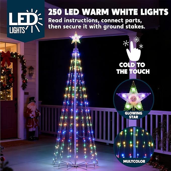 JOIEDOMI LED Christmas Cone Tree Lights, 6FT Outdoor Lighted Tree with 8 Lighting Modes & Star Topper, Christmas Decorations for Yard Porch Patio Garden Holiday Decor, Warm White