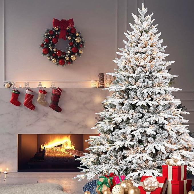 Prelit Flocked Artificial Full Christmas Tree 5FT with 1528 PE PVC Tips, Premium Snow Pre-Lit Holiday Xmas Tree with 300 UL Incandescent Lights, Foldable Base for Home Office Party
