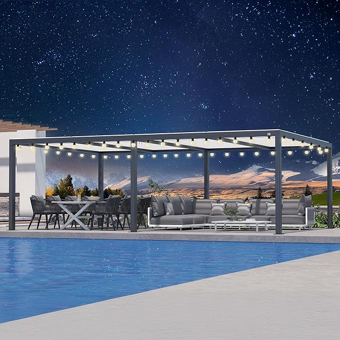 PURPLE LEAF Louvered Pergola 12' x 24' Outdoor Aluminum Pergola with Hidden Drainage System and Adjustable Patio Hardtop Oversized Pergolas with String Lights for Poolside Outdoor Kitchen Banquet