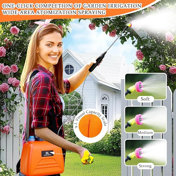 Battery Powered Sprayer 2.4 Gallon, 2025 Upgraded Electric Garden Sprayer, Automatic Power Weed Spray Battery Operated with Adjustable Shoulder Strap and Rechargeable Handle, 3 Mist Nozzles (Orange)