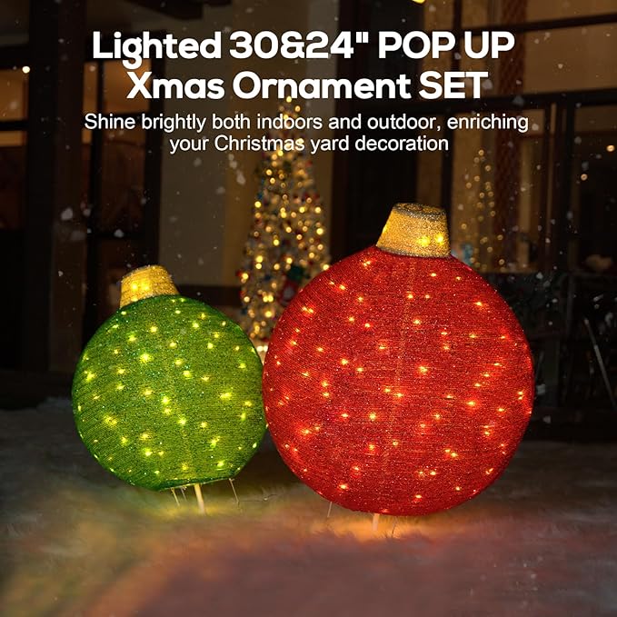 Hykolity 2 Pack 30" & 24" Pop-Up Iron Christmas Ornament Set, 350 Warm White LEDs with UL Transformer, 8 Light Functions & 18H Timer, Red & Green