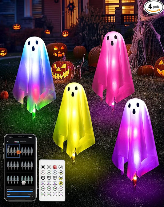 4Packs Halloween Decorations Outdoor Ghost Pathway Lights,Light Up Ghost Decor with APP Control&Remote, Color Changing, DIY Lights, Dimming, Music Synic, Halloween Pathway Light for Porch Yard Garden
