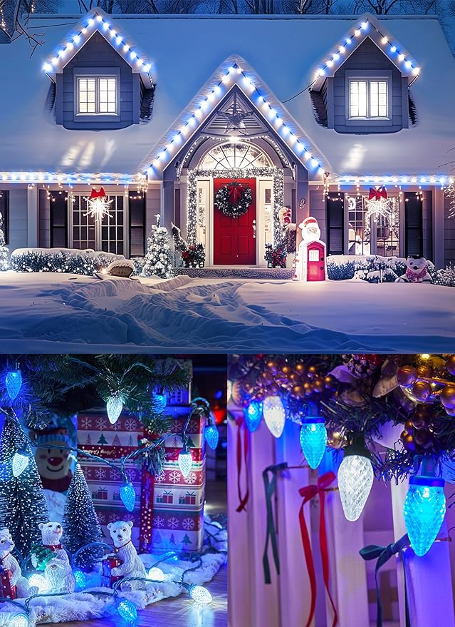 C9 LED Christmas Lights Outdoor, 68 Ft 100 LED String with clips, Waterproof Christmas Tree Lights for Outside Roofline, Garden Decor, Blue & White