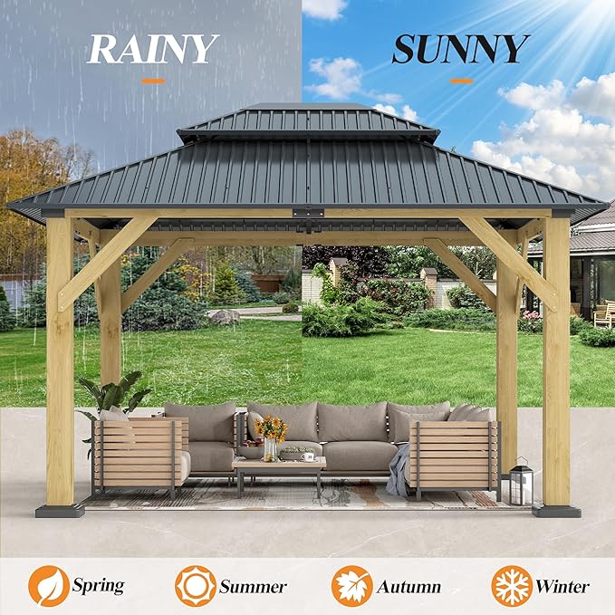 GARTOO 10' x 12' Outdoor Wooden Gazebo - Patio Hardtop Gazebo Permanent Wooden Pavilion with Galvanized Steel Double Roof, Wood Gazebos for Garden, Lawn, Poolside, Backyard Deck