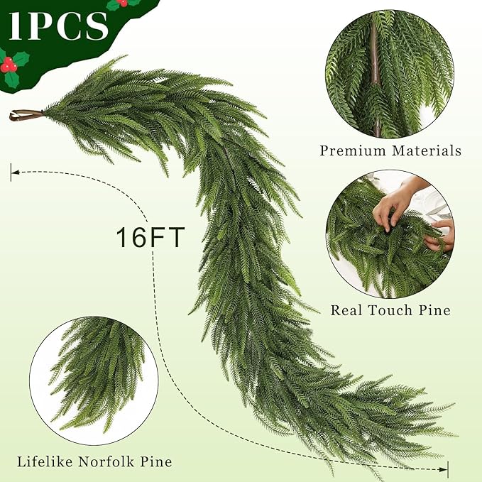 16FT Christmas Norfolk Pine Garland -1PCS, Artificial Pine Needles Garlands Faux Greenery Fake Garland for Holiday Fireplace,Table,Window,Stairs,Mante,Indoor Outdoor Decor