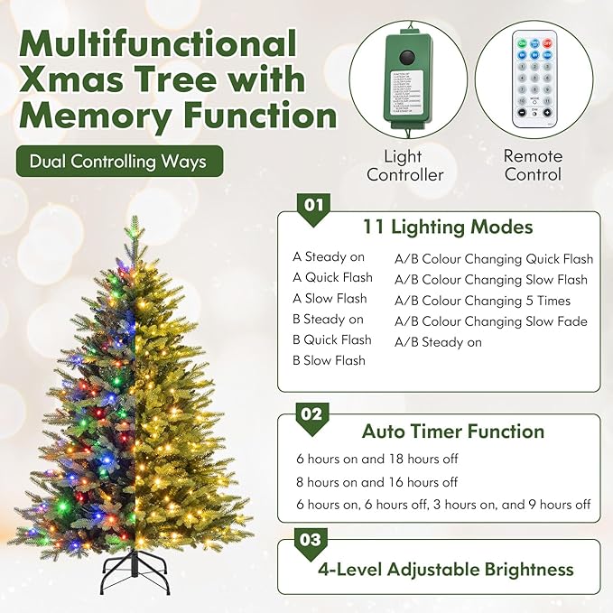 Happygrill 5 FT Pre-Lit Artificial Christmas Tree, Hinged Xmas Tree w/ 844 Branch Tips, 250 LED Lights, 11 Lighting Modes, 3 Auto Timers, 4-Level Brightness & Remote Control, Decoration Tree for Party