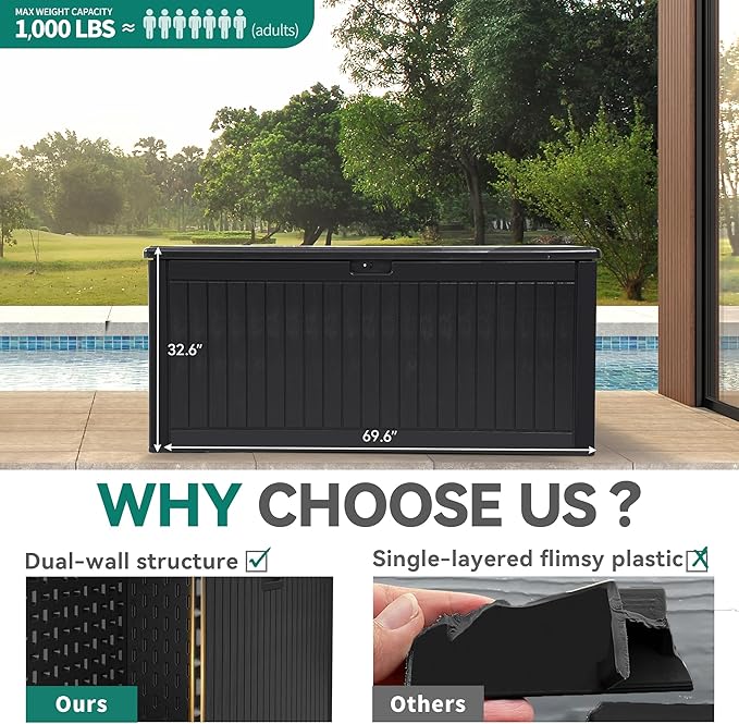 YITAHOME 260 Gallon Extra Large Deck Box, Double-Wall Resin Outdoor Storage Box with Flexible Divider for Patio Cushions Pool Supplies Garden Tools, 1000lbs Load Capacity, Lockable&Waterproof (Black)
