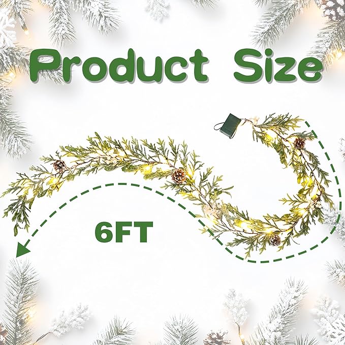 6FT Snow Cedar Pine Garland,Prelit Christmas Garland with Timer,Realistic Garlands Battery Operated for Winter Holiday Outdoor Staircase Decorations 20LED
