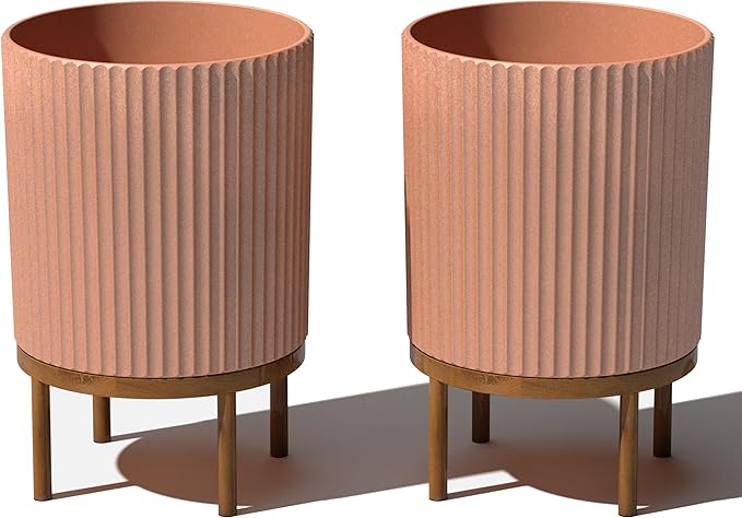 Veradek Demi Series Round Planter w/Stand for Porch/Patio | Durable Plastic-Stone Composite & Wooden Stand | Modern Décor for Tall Plants, Flowers