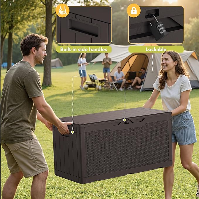 Greesum 100 Gallon Resin Deck Box Lockable Large Outdoor Storage Boxes for Garden Tools, Patio Furniture Cushions, Pool Supplies, Dark Brown
