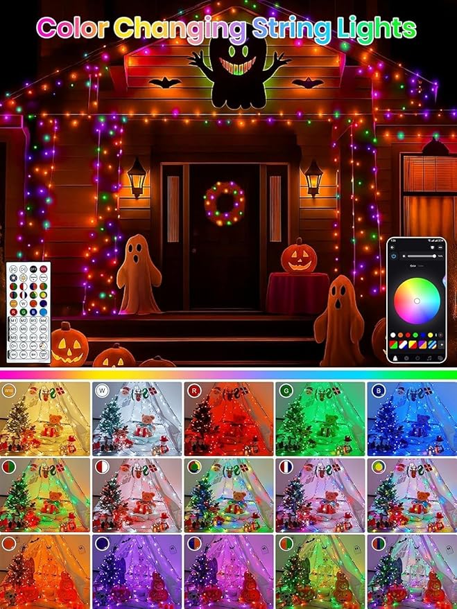 400LED Smart Color Changing Halloween Lights App Controlled, 142FT Waterproof RGB Music Sync Xmas String Light Multiple Modes, Christmas Lights with Remote & Timer Indoor Outdoor Halloween Decorations