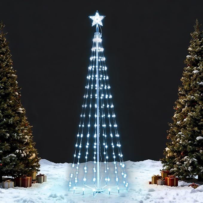 JOIEDOMI LED Christmas Cone Tree Lights, 6FT Outdoor Lighted Tree with 8 Lighting Modes & Star Topper, Christmas Decorations for Yard Porch Patio Garden Holiday Decor, Cool White