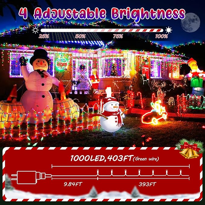 Hezbjiti 403FT 1000LED Color Changing Christmas Lights Outdoor, 11 Modes String Lights IP44 Waterproof Fairy Lights for Party Wedding Tree Decorations (Warm White and Multicolor, Green Wire)