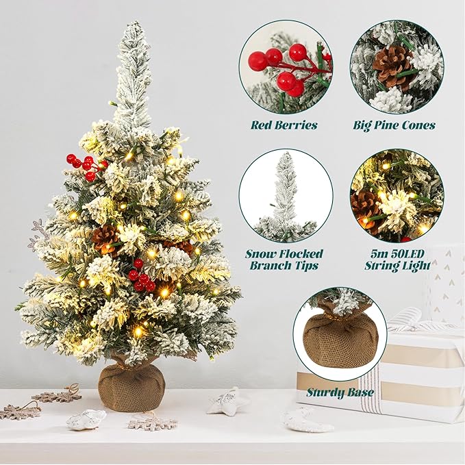 Uten Christmas Tree Flocking Snow Small Pine Cones/red Fruits, 50 LED Waterproof Battery Box with Cement Base Mini Christmas Tree Decorations for Home, Office, Party