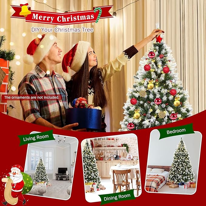 SIMOE 7.5ft Pre-Lit Christmas Tree, Snow Flocked Artificial Xmas Tree w/ 1,398 Hinged Branch Tips, 550 Lights, 8 Lighting Modes, Indoor Holiday Festival Decoration