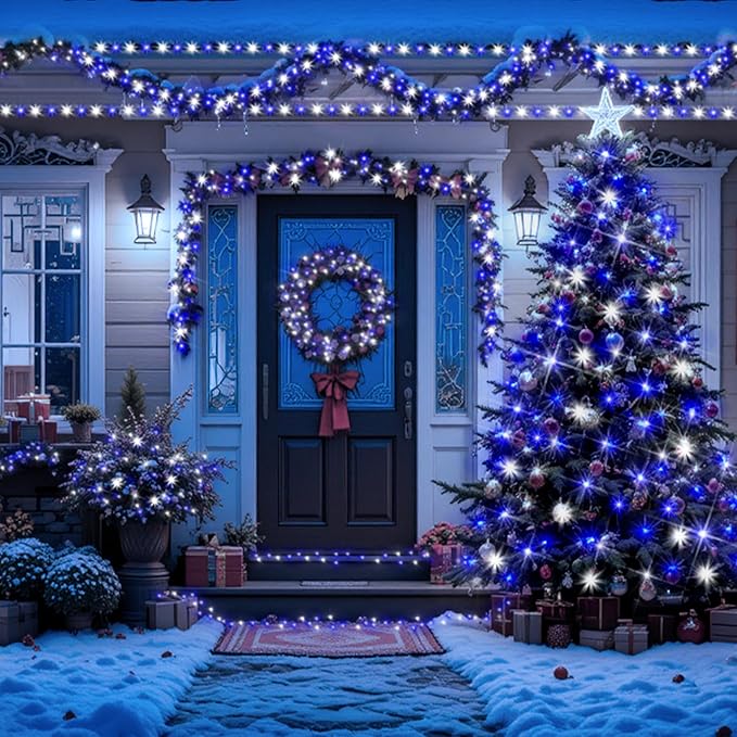 XURISEN 403FT 1000 LED Christmas Lights Outdoor Green Wire String Lights 8 Modes with Timer Memory Waterproof Fairy Light Plug in for Xmas Tree Wedding Yard Party Holiday Decorations(Blue+White)