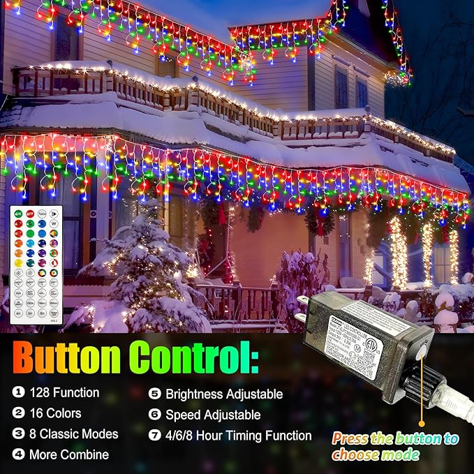 52FT Waterproof Christmas Lights Outdoor with 504 LED 8 Modes and Timer Curtain Lights Outside for Garden Holiday Gatherings Indoor Outdoor Decorations Plug in Hanging Fairy String Lights