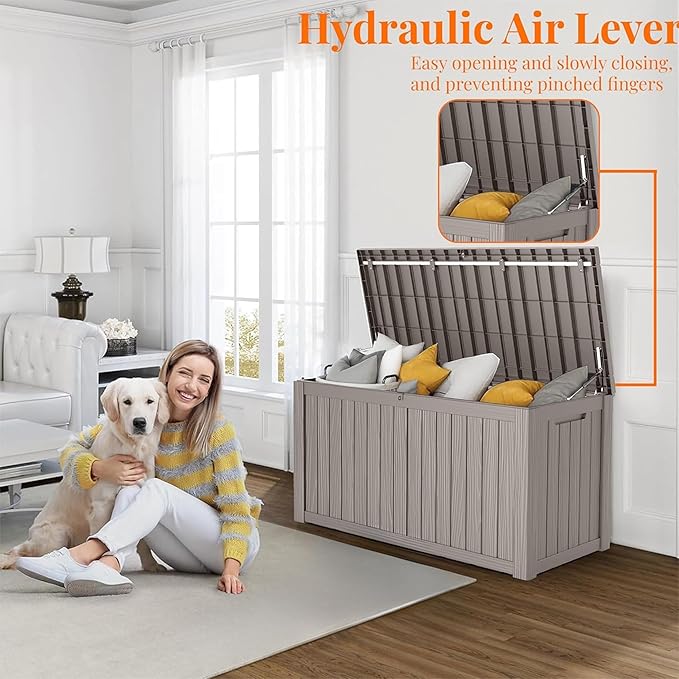 150 Gallon Resin Deck Box, Lockable Patio Outdoor Storage Box for Furniture, Garden Tools and Tools Storage, Waterproof Outside Storage Boxes - Grey