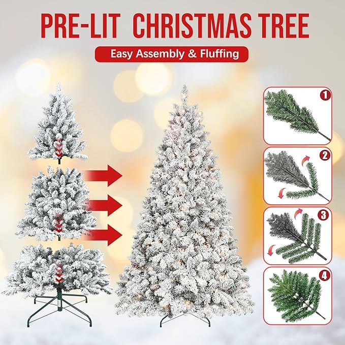 4.5 ft Prelit Flocked Christmas Tree with Pine Cones & 250 UL Lights, Snow Frosted Artificial Christmas Tree with Auto Hinged Branches for Holiday Decor