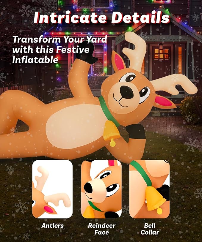 Holidayana Christmas Inflatables Large 10 ft Lounging Reindeer - Inflatable Outdoor Christmas Decorations Blow Up X-mas Decorations for Yard, Lawn & Garden Internal Lights & Built-in Fan